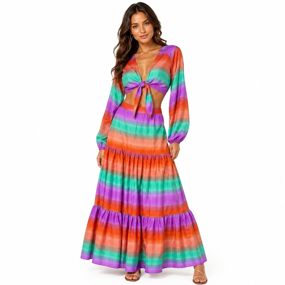 FORE Ombre Stripe 2 Piece Set Tie Front Crop Top Tiered Maxi Skirt Multi Size S